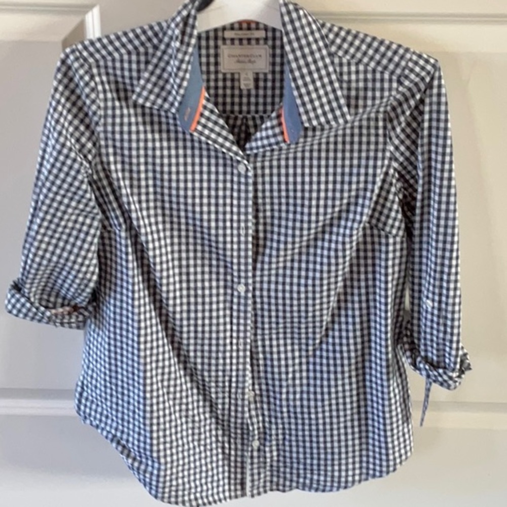 Navy and white checked button down